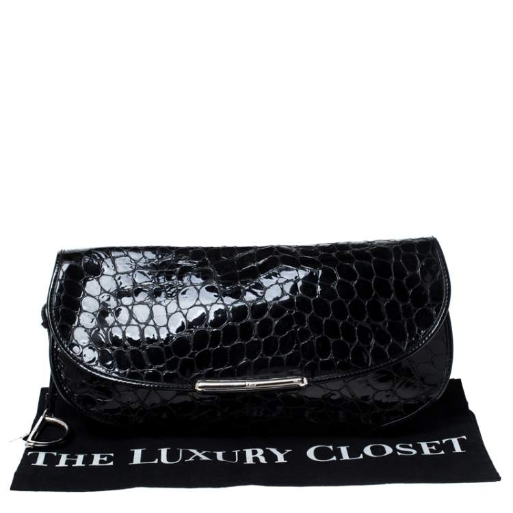 Pre Owned Dior Black Croc Embossed Patent Leather Oversized Wristlet Clutch