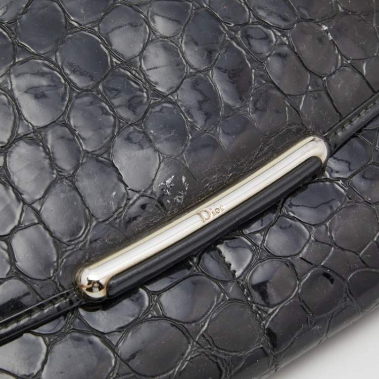 Pre Owned Dior Black Croc Embossed Patent Leather Oversized Wristlet Clutch