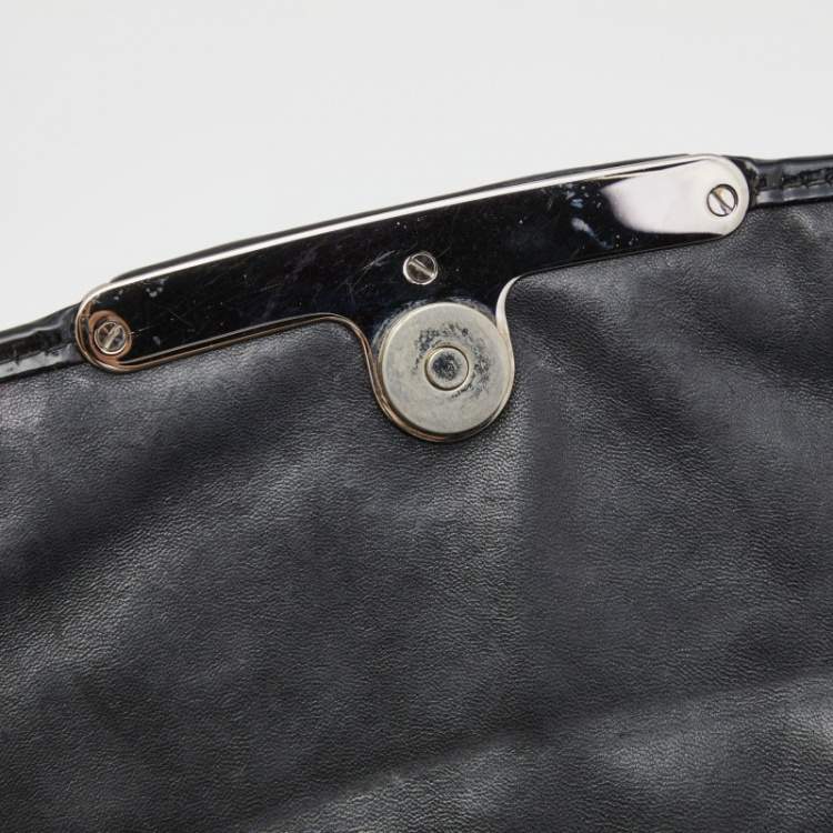 Pre Owned Dior Black Croc Embossed Patent Leather Oversized Wristlet Clutch