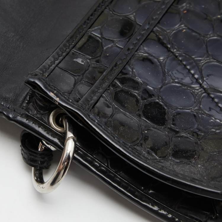 Pre Owned Dior Black Croc Embossed Patent Leather Oversized Wristlet Clutch