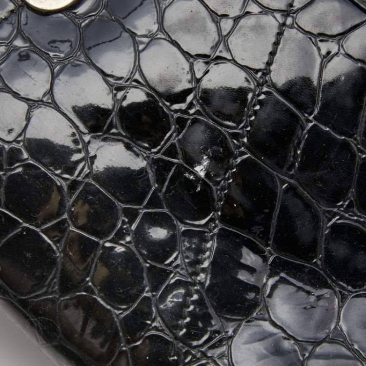 Pre Owned Dior Black Croc Embossed Patent Leather Oversized Wristlet Clutch