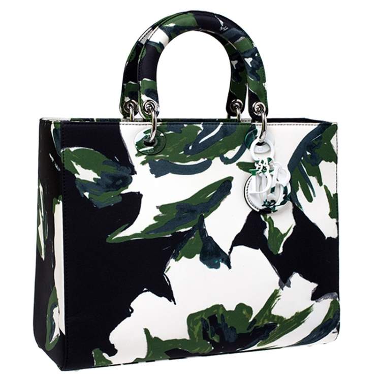 Pre Owned Dior Green Floral Graffiti Print Fabric Large Limited Edition Lady Dior Tote
