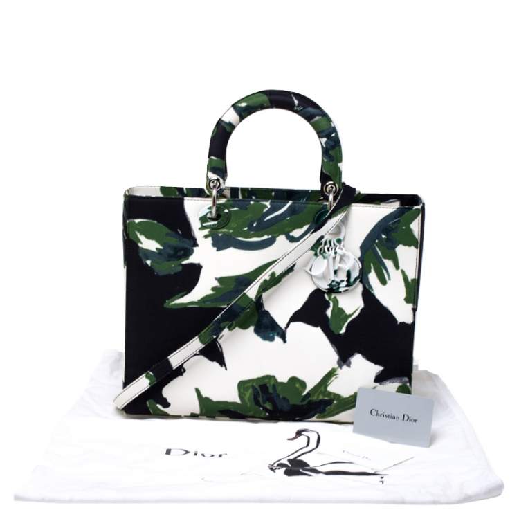 Pre Owned Dior Green Floral Graffiti Print Fabric Large Limited Edition Lady Dior Tote