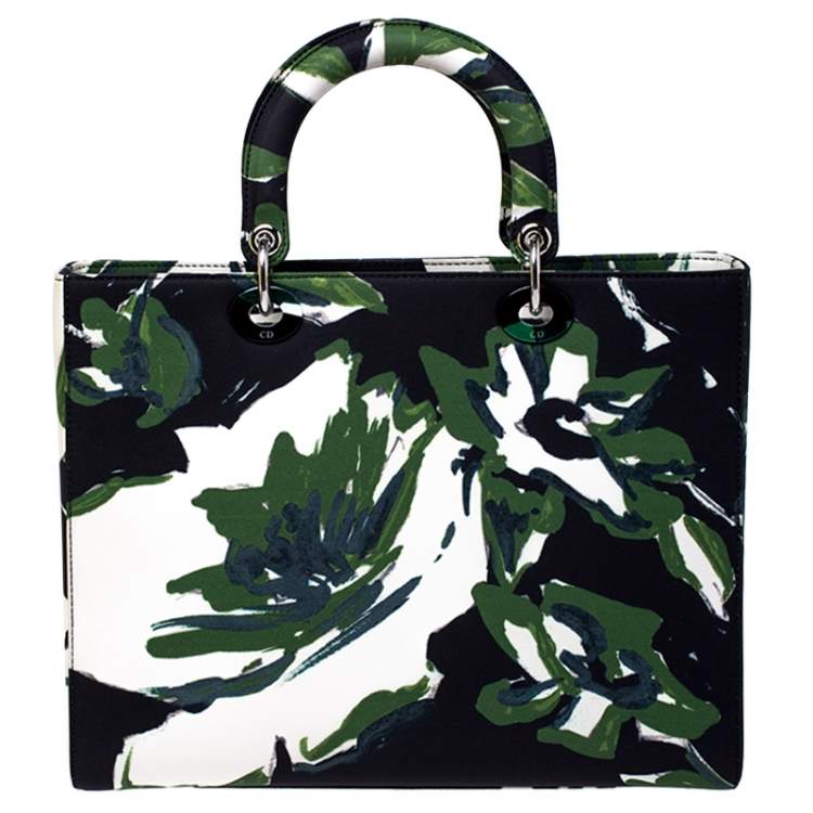 Pre Owned Dior Green Floral Graffiti Print Fabric Large Limited Edition Lady Dior Tote