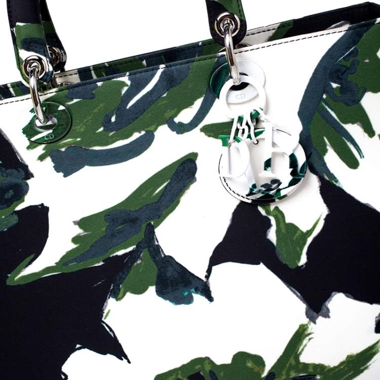 Pre Owned Dior Green Floral Graffiti Print Fabric Large Limited Edition Lady Dior Tote
