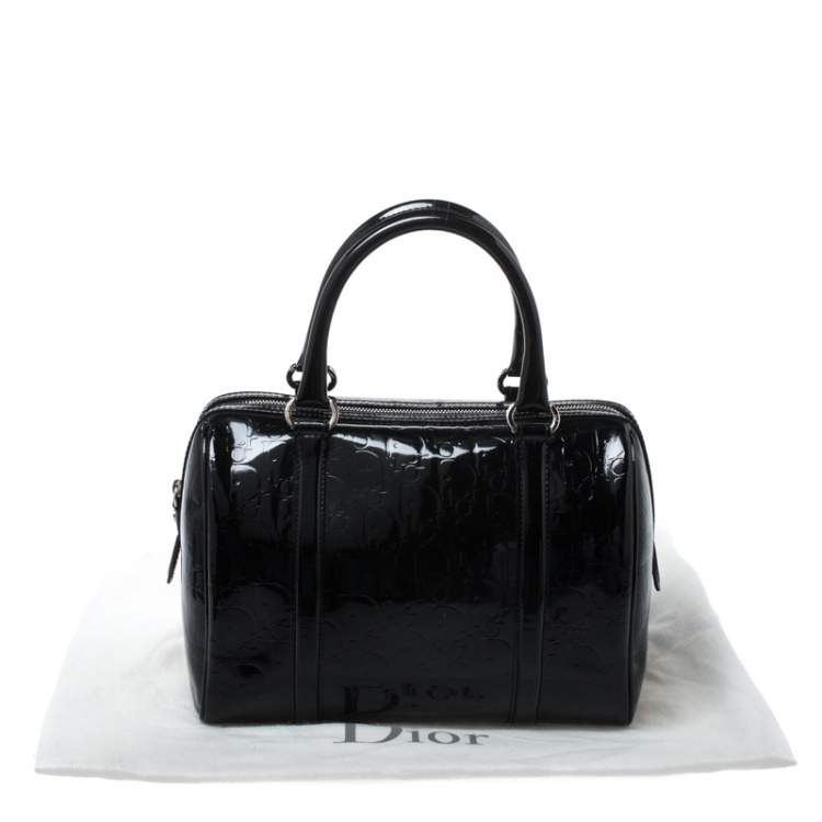 Pre Owned Dior Black Oblique Monogram Patent Leather Boston Bag