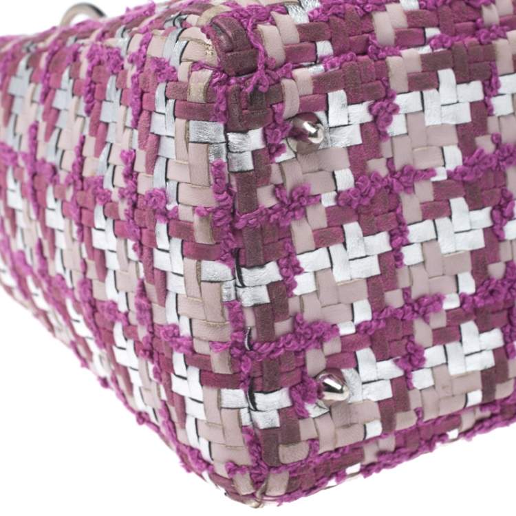 Pre Owned Dior Pink/Silver Tweed and Leather Medium Lady Dior Tote