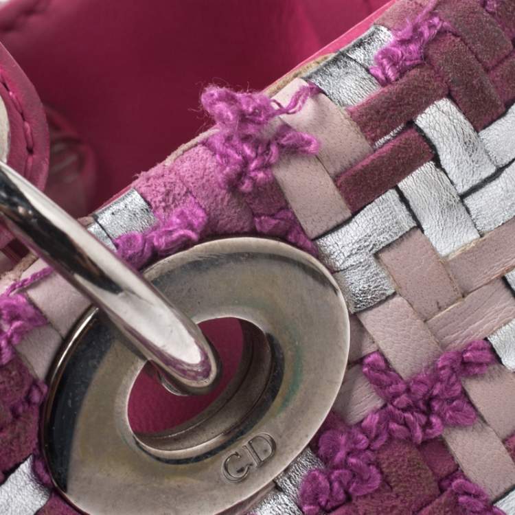 Pre Owned Dior Pink/Silver Tweed and Leather Medium Lady Dior Tote