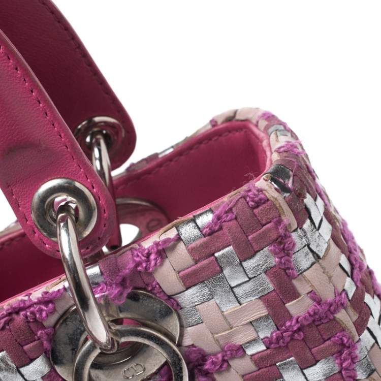 Pre Owned Dior Pink/Silver Tweed and Leather Medium Lady Dior Tote