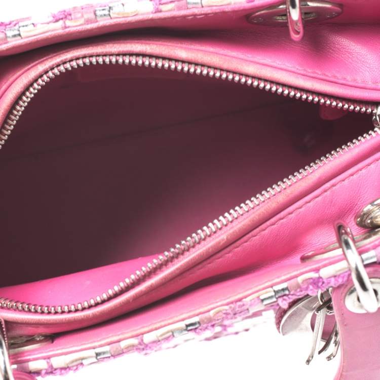 Pre Owned Dior Pink/Silver Tweed and Leather Medium Lady Dior Tote
