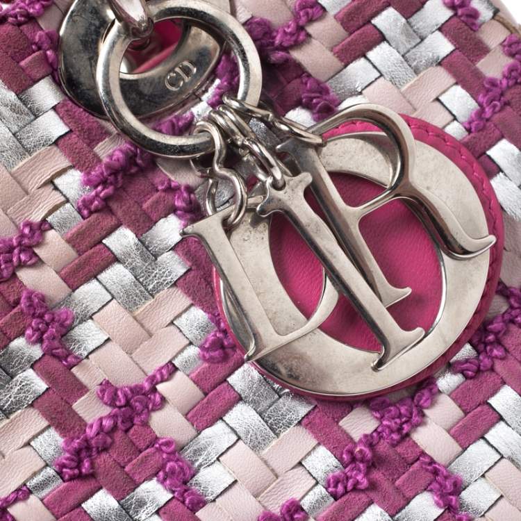 Pre Owned Dior Pink/Silver Tweed and Leather Medium Lady Dior Tote