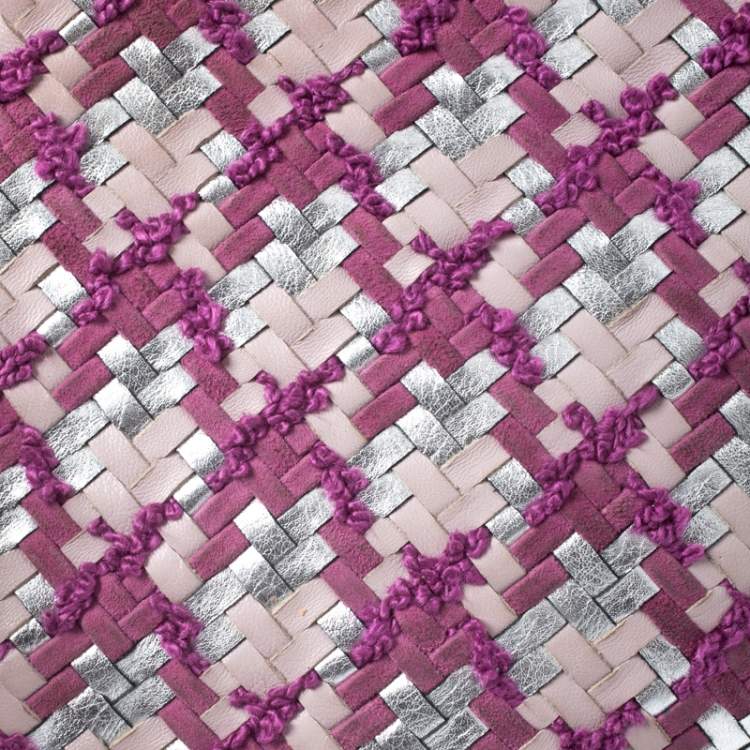 Pre Owned Dior Pink/Silver Tweed and Leather Medium Lady Dior Tote