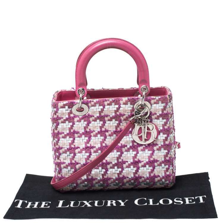 Pre Owned Dior Pink/Silver Tweed and Leather Medium Lady Dior Tote