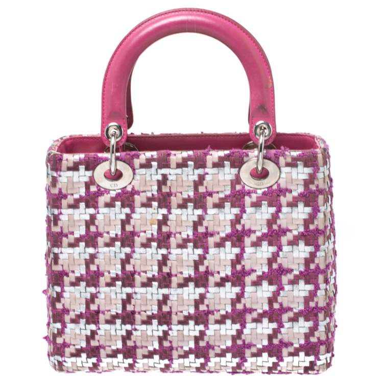 Pre Owned Dior Pink/Silver Tweed and Leather Medium Lady Dior Tote