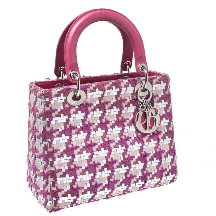 Pre Owned Dior Pink/Silver Tweed and Leather Medium Lady Dior Tote