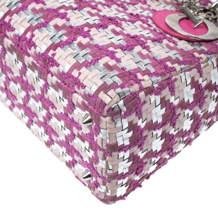 Pre Owned Dior Pink/Silver Tweed and Leather Medium Lady Dior Tote