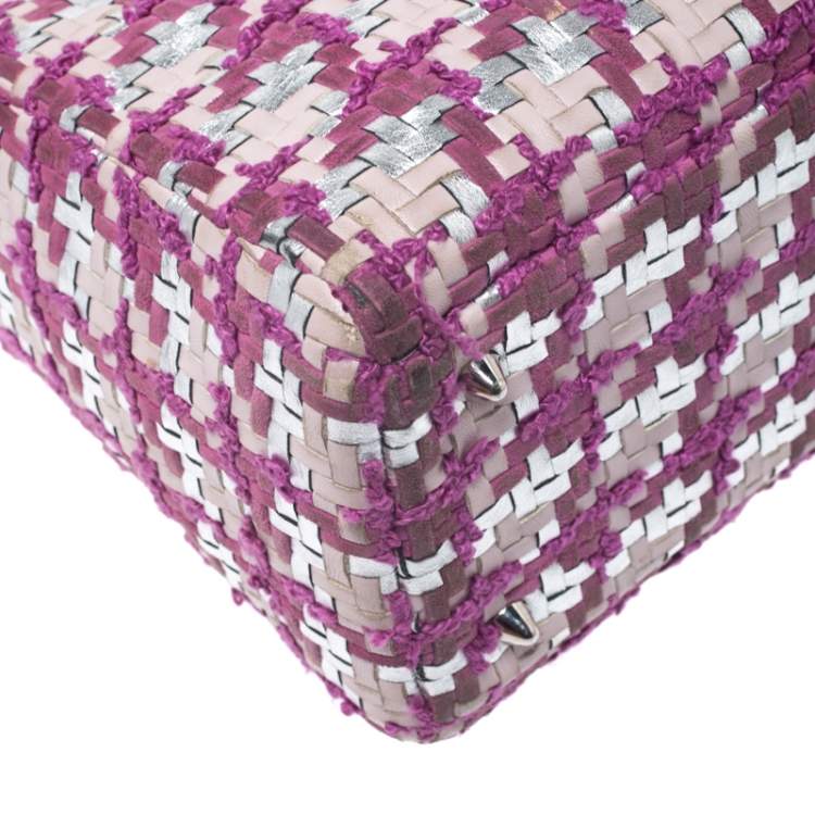 Pre Owned Dior Pink/Silver Tweed and Leather Medium Lady Dior Tote