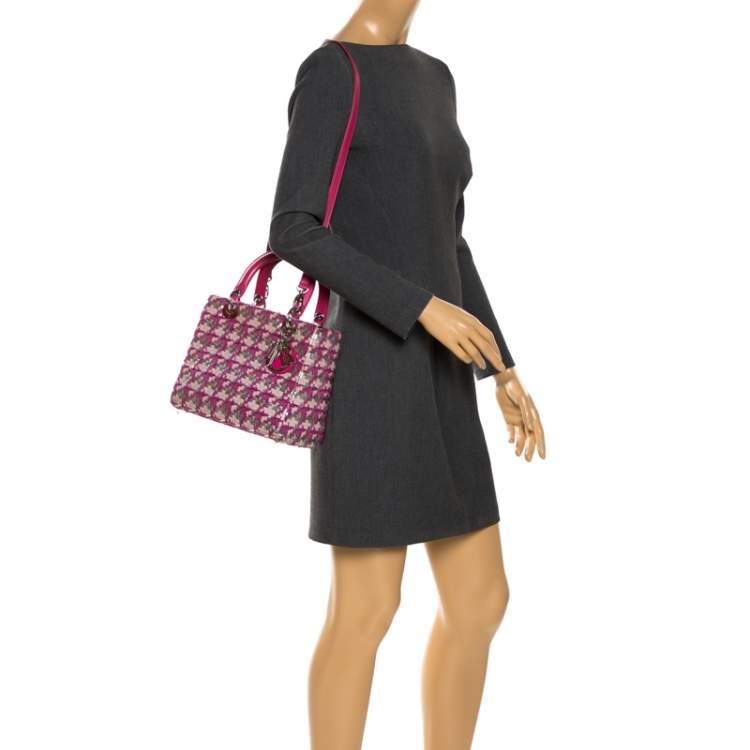 Pre Owned Dior Pink/Silver Tweed and Leather Medium Lady Dior Tote