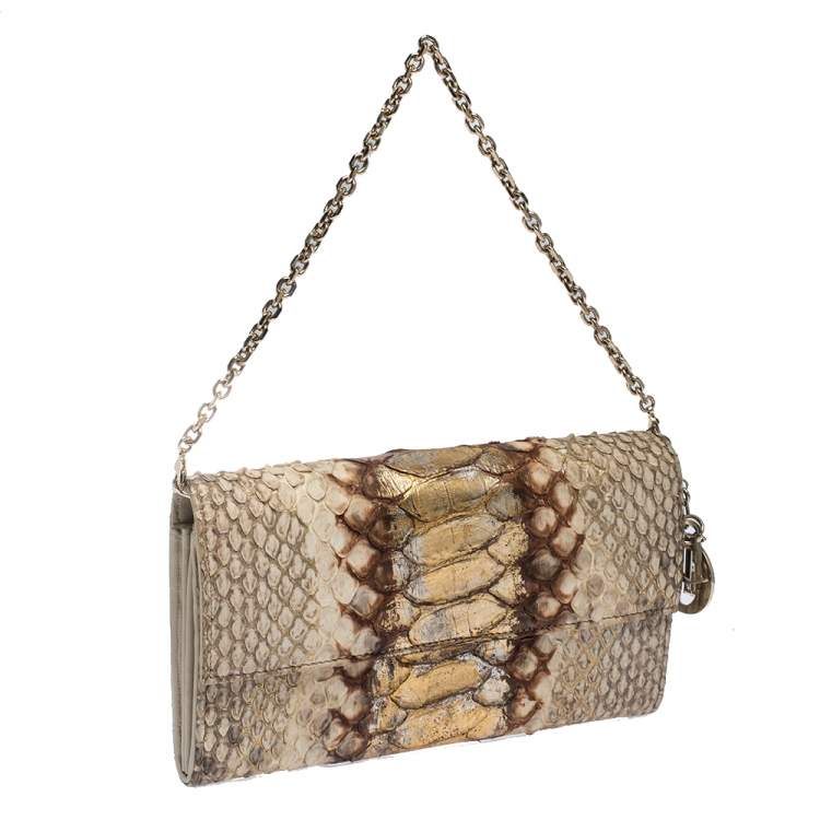 Pre Owned Dior Gold/Beige Python Wallet on Chain