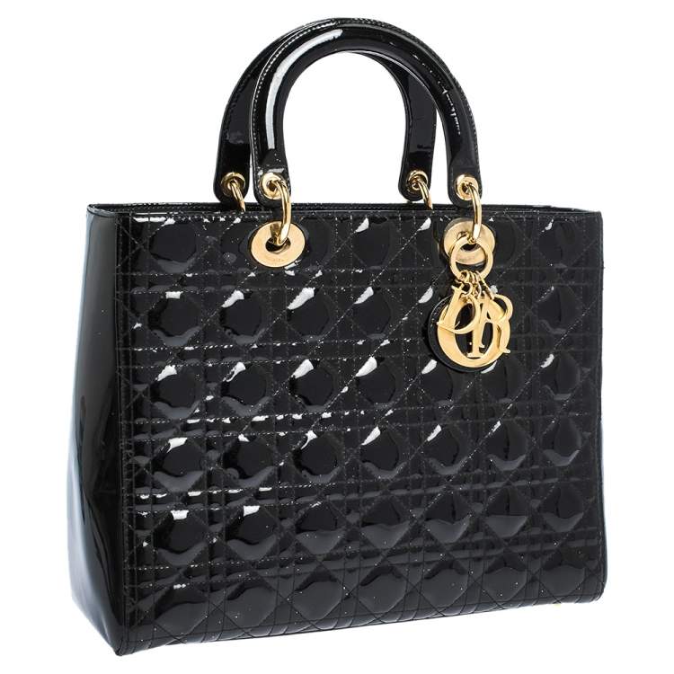 Pre Owned Dior Black Cannage Patent Leather Large Lady Dior Tote