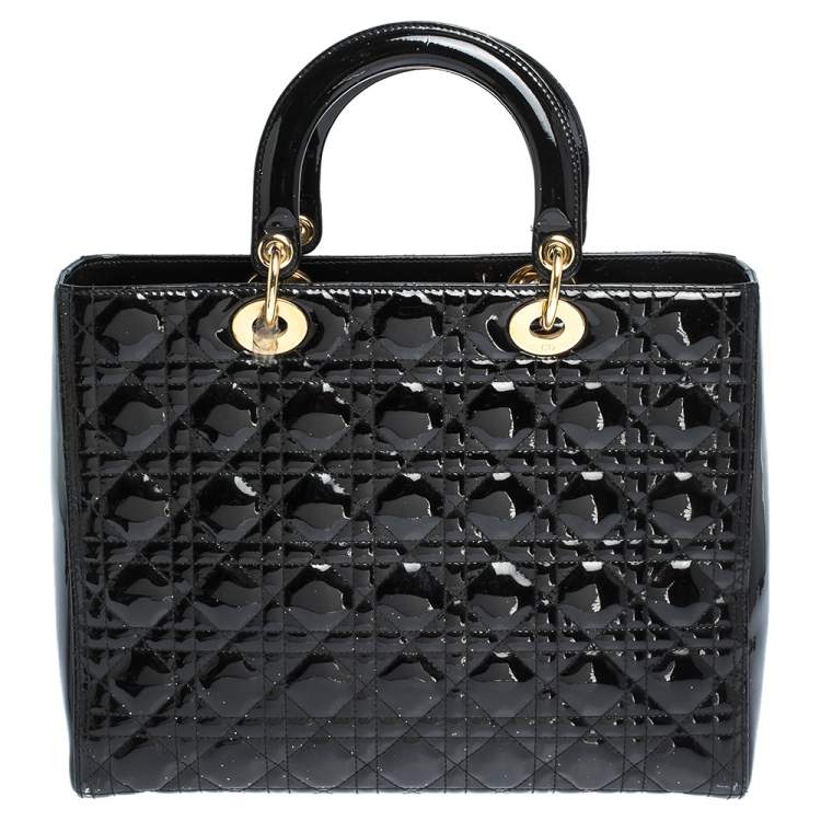 Pre Owned Dior Black Cannage Patent Leather Large Lady Dior Tote