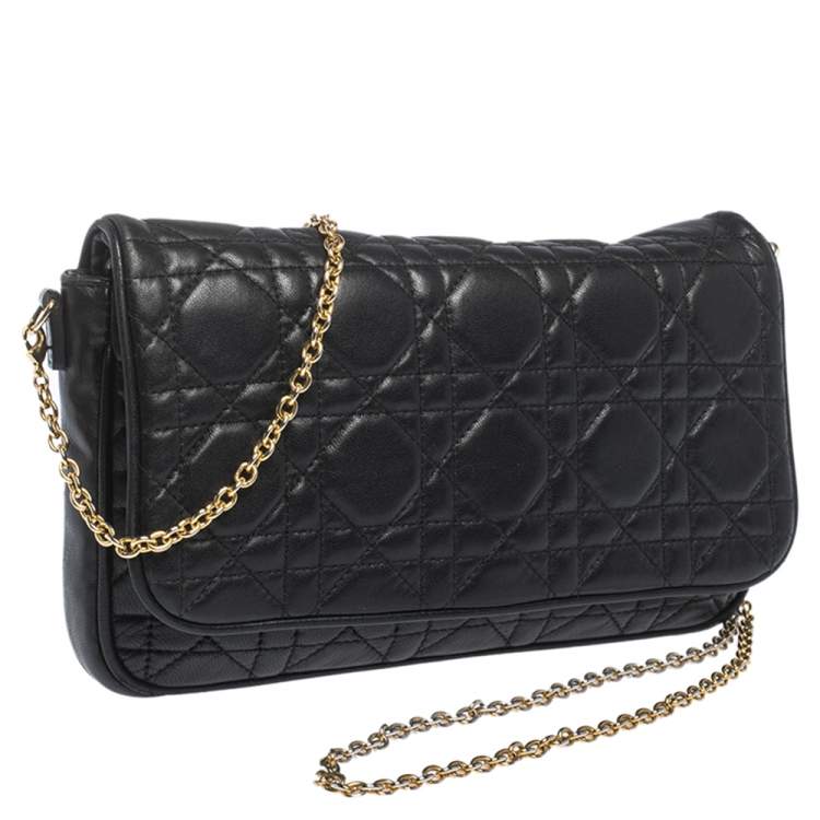 Pre Owned Dior Black Leather Lady Dior Wallet on Chain