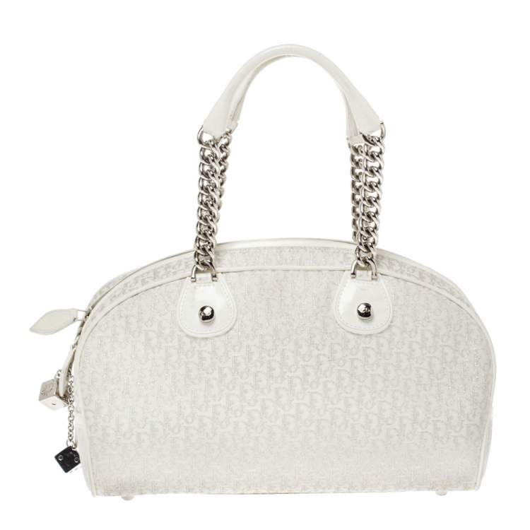 Pre Owned Dior White Oblique Canvas and Leather Gambler Dice Bowler Bag