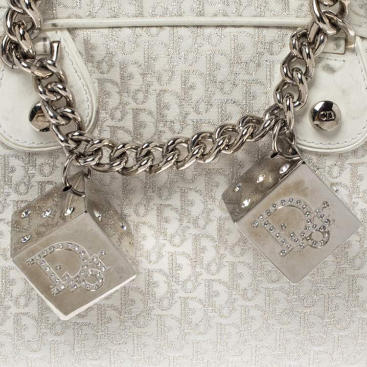 Pre Owned Dior White Oblique Canvas and Leather Gambler Dice Bowler Bag