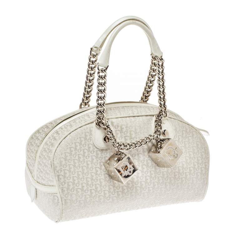 Pre Owned Dior White Oblique Canvas and Leather Gambler Dice Bowler Bag