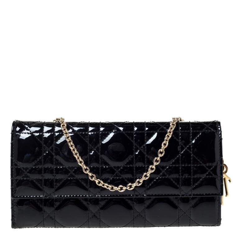 Pre Owned Dior Black Cannage Patent Leather Wallet on Chain