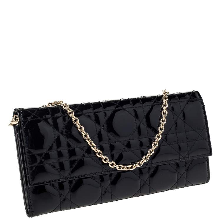 Pre Owned Dior Black Cannage Patent Leather Wallet on Chain