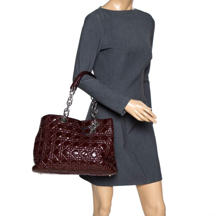 Pre Owned Dior Burgundy Cannage Quilted Soft Patent Leather Large Shopper Tote