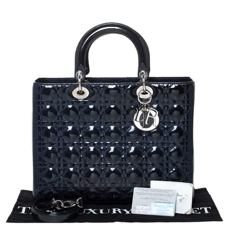 Pre Owned Dior Midnight Blue Cannage Patent Leather Large Lady Dior Tote