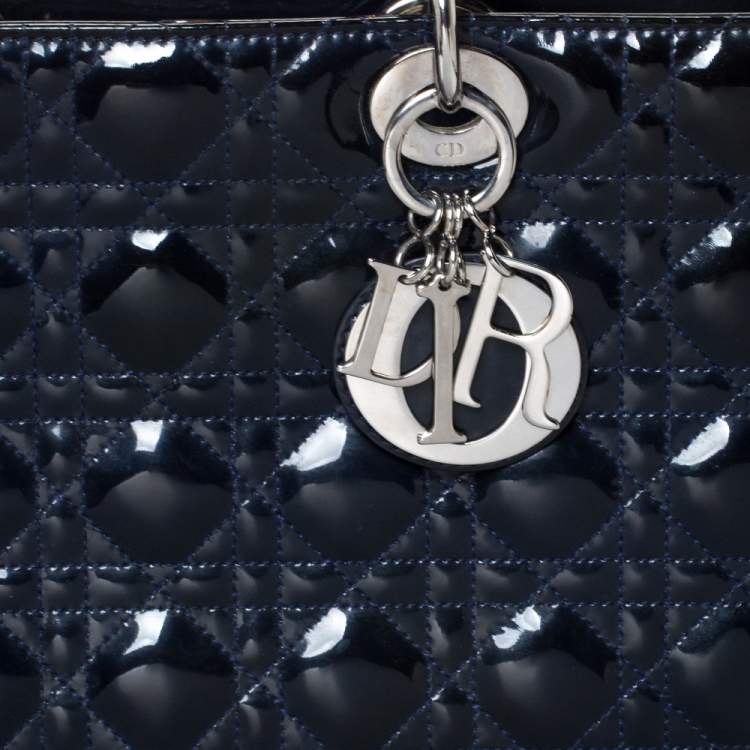 Pre Owned Dior Midnight Blue Cannage Patent Leather Large Lady Dior Tote