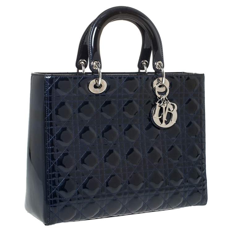 Pre Owned Dior Midnight Blue Cannage Patent Leather Large Lady Dior Tote