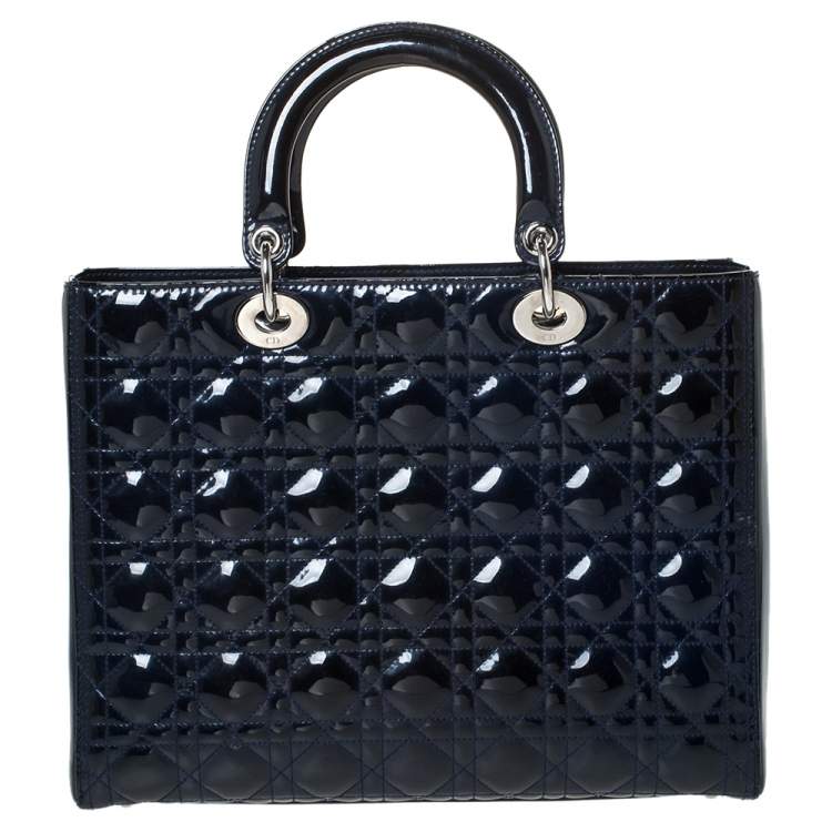 Pre Owned Dior Midnight Blue Cannage Patent Leather Large Lady Dior Tote