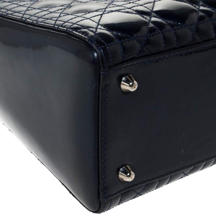 Pre Owned Dior Midnight Blue Cannage Patent Leather Large Lady Dior Tote