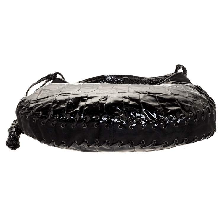 Pre Owned Dior Black Croc Embossed Patent Leather and Canvas Ethnic Hobo