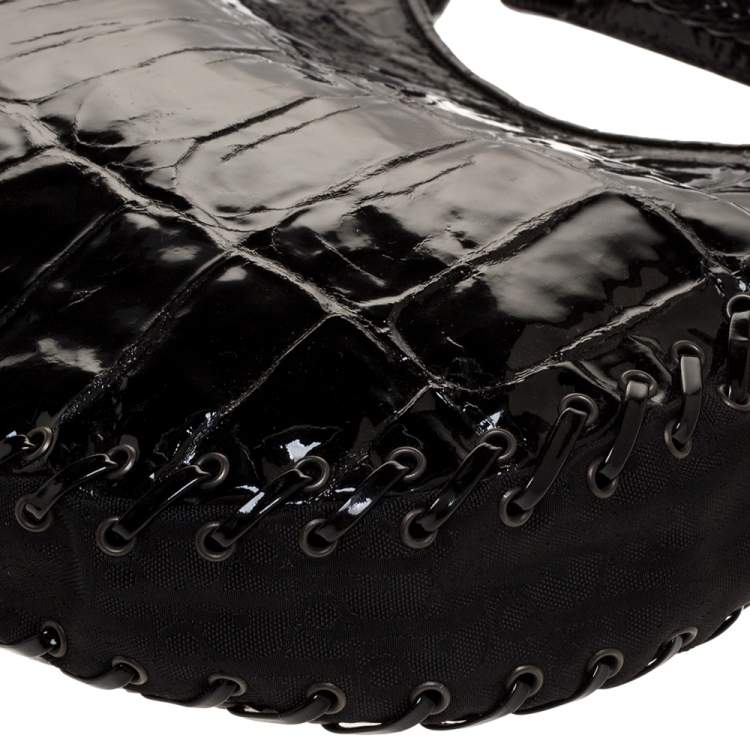 Pre Owned Dior Black Croc Embossed Patent Leather and Canvas Ethnic Hobo