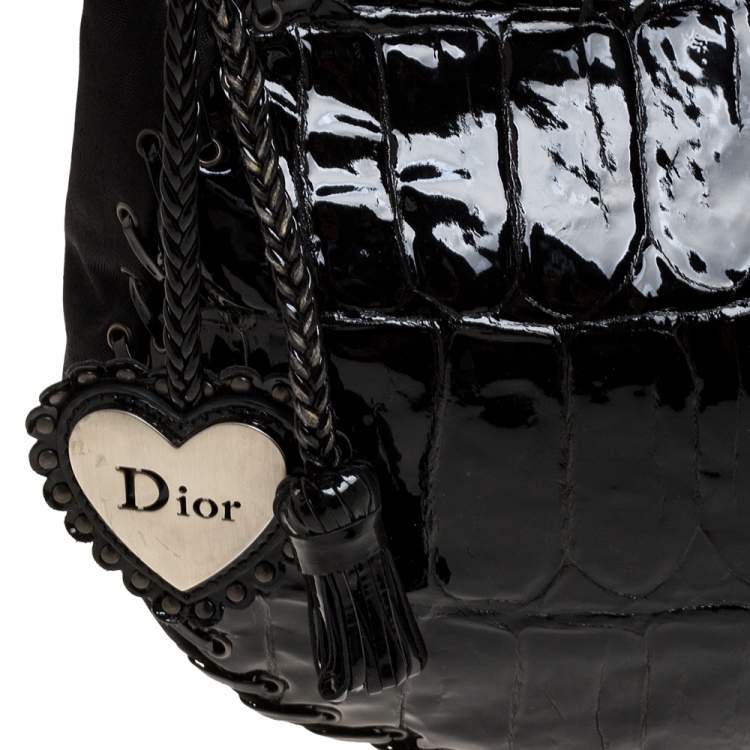 Pre Owned Dior Black Croc Embossed Patent Leather and Canvas Ethnic Hobo