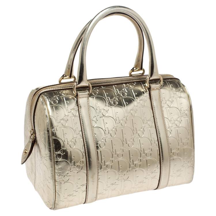 Pre Owned Dior Metallic Gold Oblique Monogram Leather Boston Bag