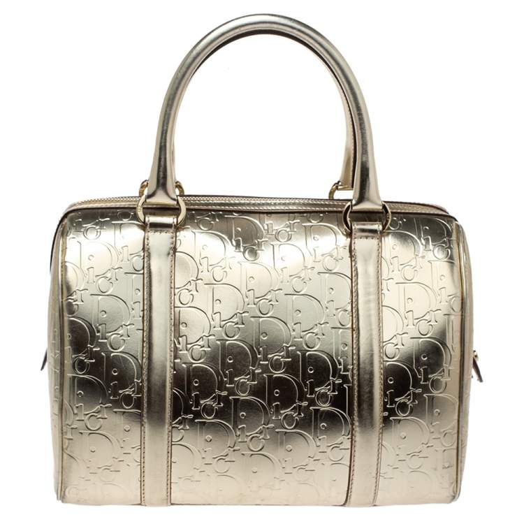 Pre Owned Dior Metallic Gold Oblique Monogram Leather Boston Bag