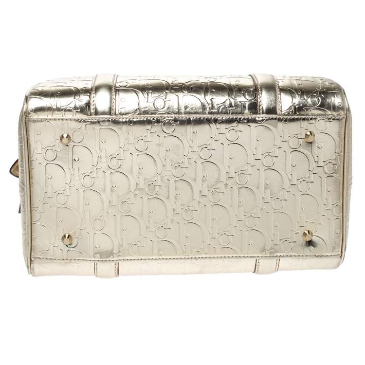 Pre Owned Dior Metallic Gold Oblique Monogram Leather Boston Bag