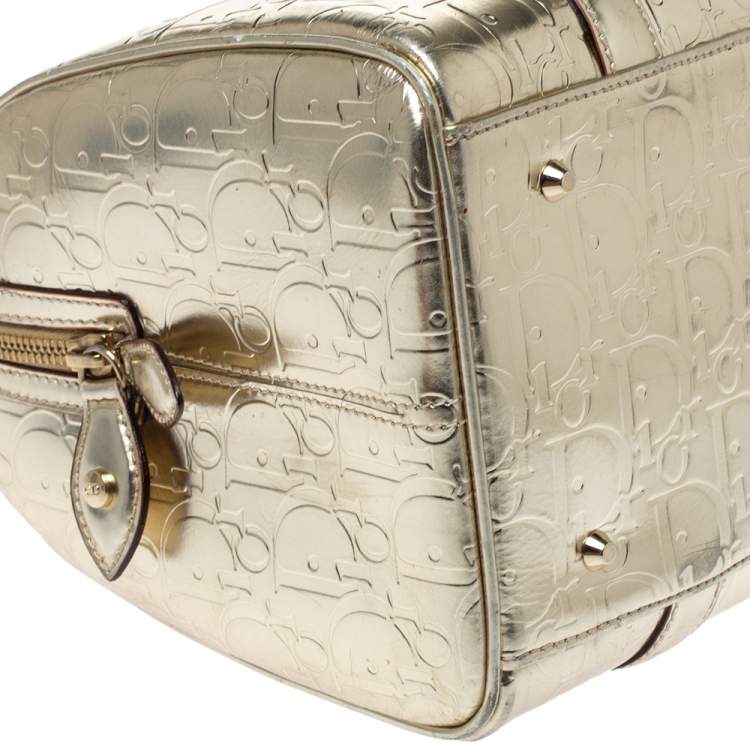 Pre Owned Dior Metallic Gold Oblique Monogram Leather Boston Bag