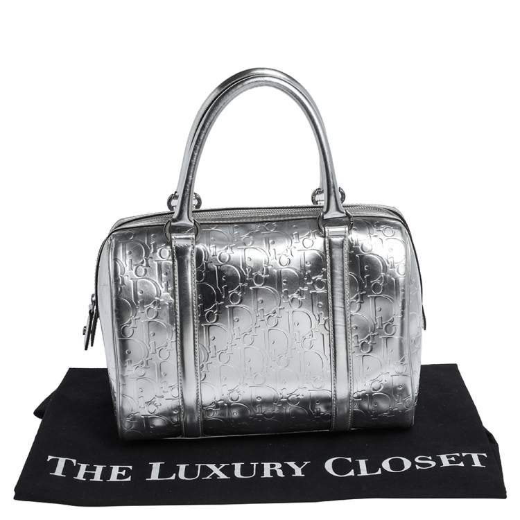 Pre Owned Dior Metallic Silver Oblique Monogram Leather Boston Bag