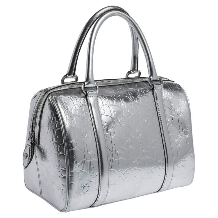 Pre Owned Dior Metallic Silver Oblique Monogram Leather Boston Bag