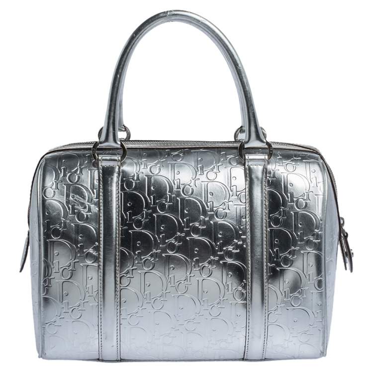 Pre Owned Dior Metallic Silver Oblique Monogram Leather Boston Bag