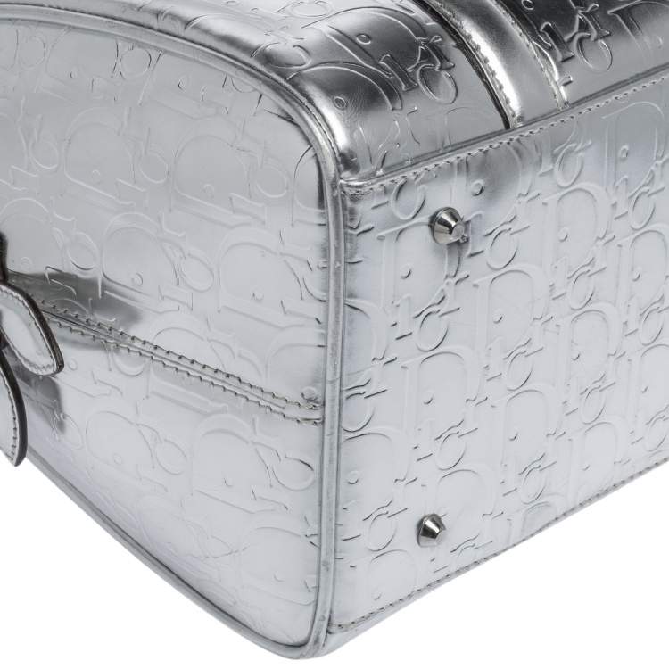 Pre Owned Dior Metallic Silver Oblique Monogram Leather Boston Bag