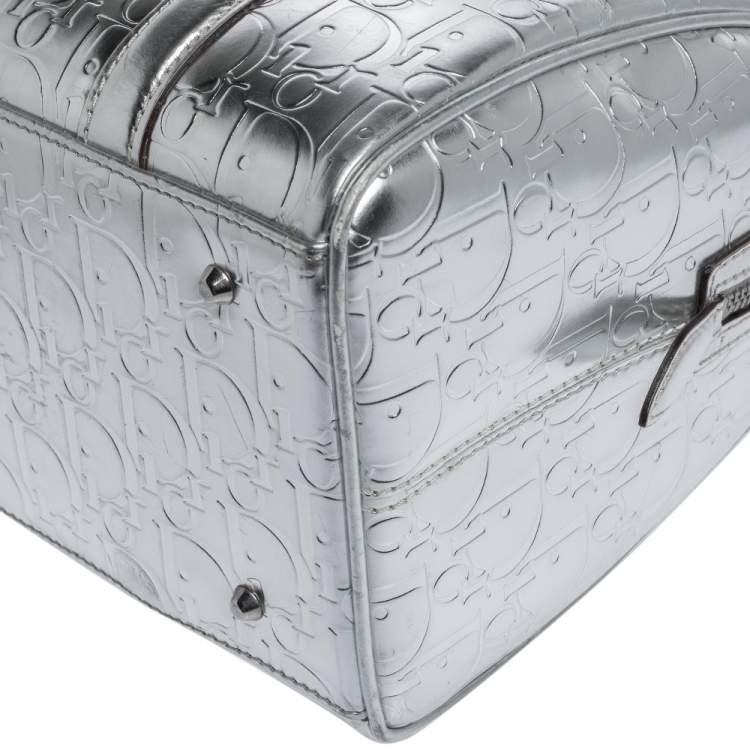 Pre Owned Dior Metallic Silver Oblique Monogram Leather Boston Bag