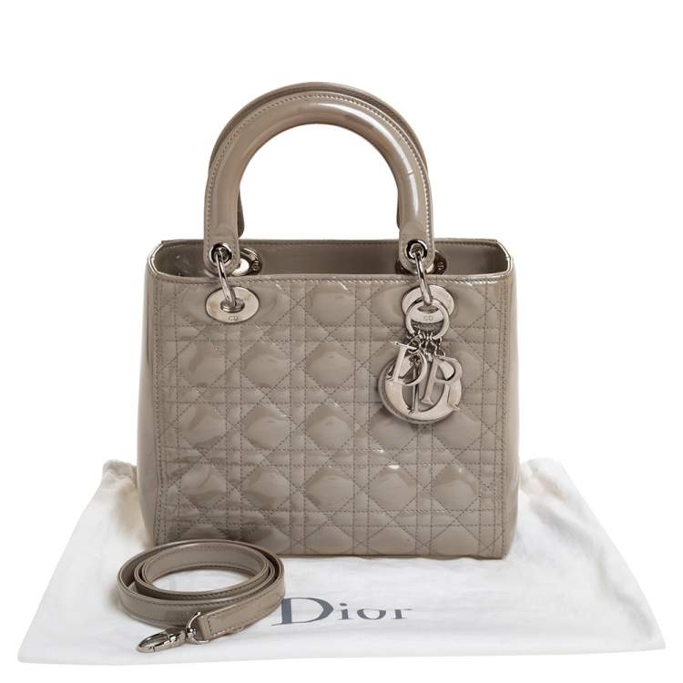 Pre Owned Dior Ecru Glazed Patent Leather Medium Lady Dior Tote